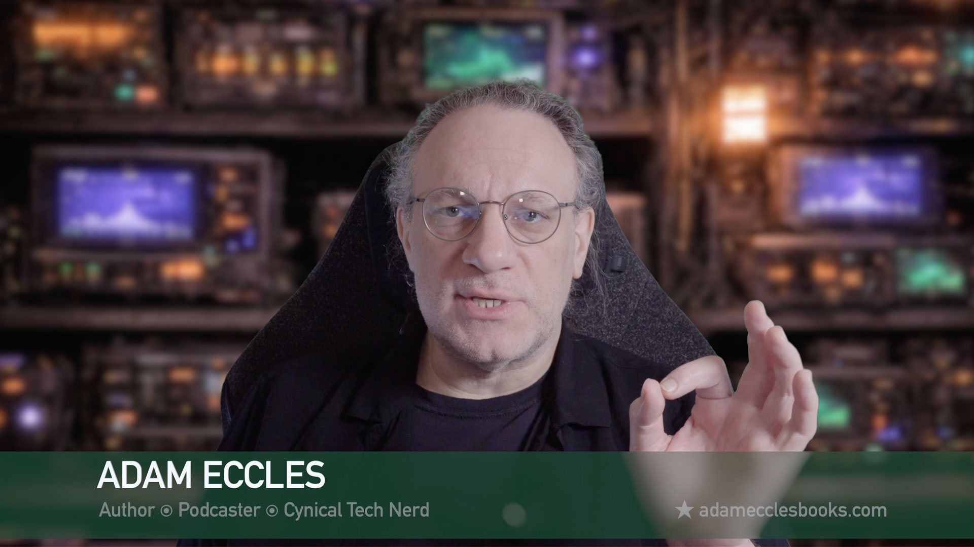 Adam Eccles on camera in his home studio, keyed over a virtual background with a name caption along the bottom